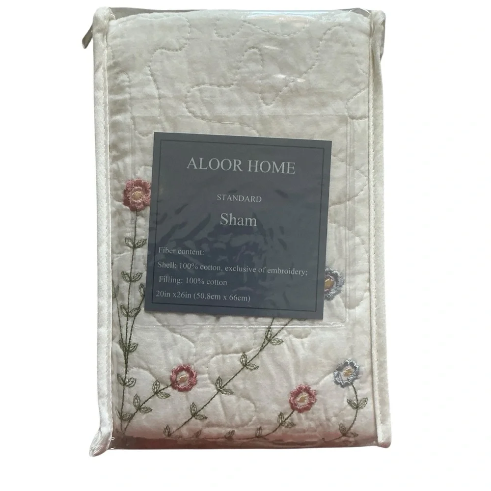 Vtg cottagecore Aloor home quilted standard pillow sham with flower embroidered